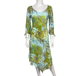 Komarov Women's M Multicolor Floral Paisley Boho Crinkle Artsy Midi Dress EUC